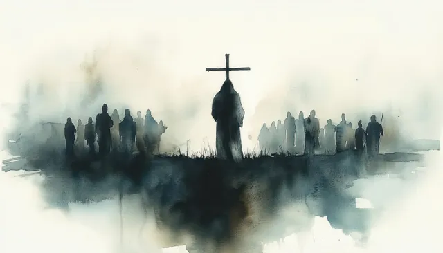 Jesus carries the cross through misty streets, solitary silhouette with shadowed crowd