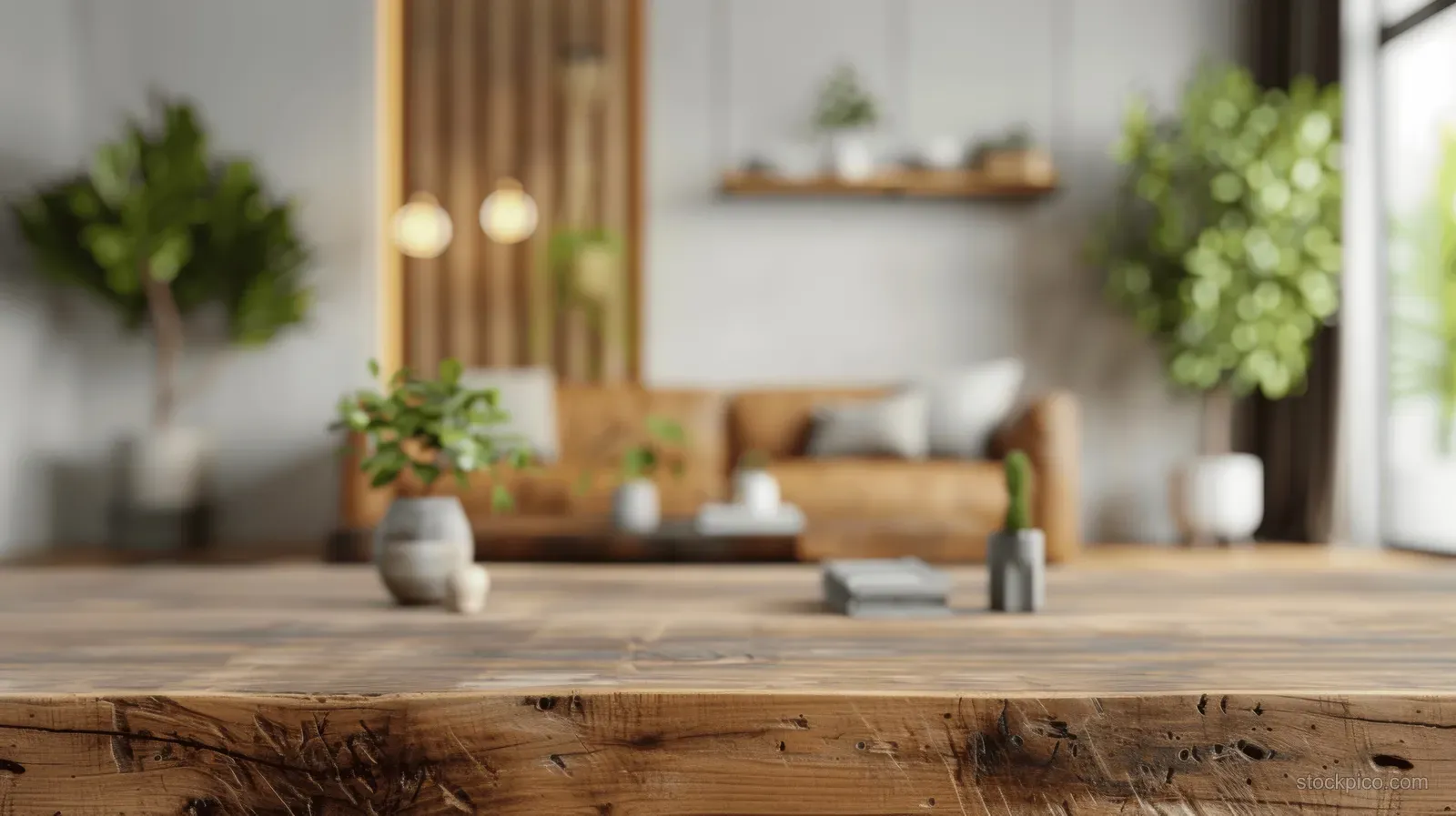 Rustic wooden table in the foreground with a softly blurred living room, leather seating, and warm lamps.