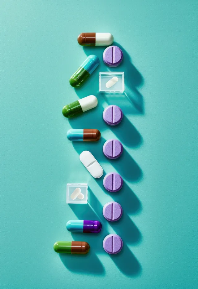 Colorful capsules and tablets arranged vertically on turquoise background with sharp cast shadows
