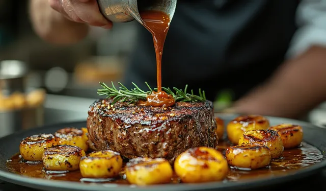 A chef pours glossy sauce over grilled meat on a restaurant plate with roasted potatoes and herbs.