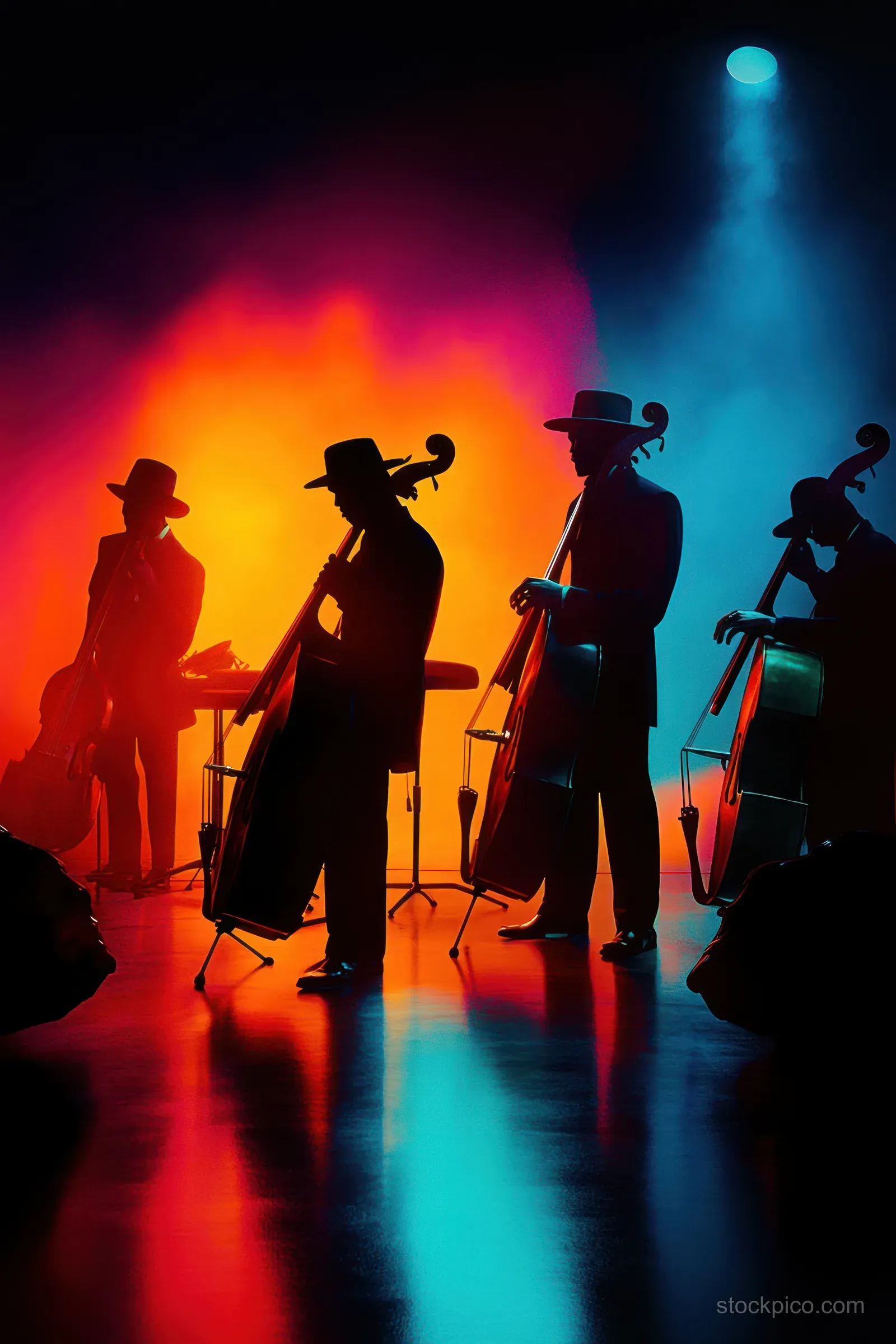 Four silhouetted double bass musicians stand on a stage with orange and blue backlights and smoke behind them.