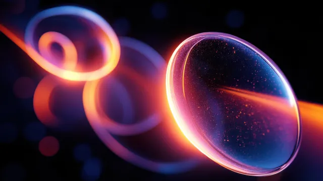 Translucent glowing rings and a lens emit swirling orange and purple light against a dark abstract background.