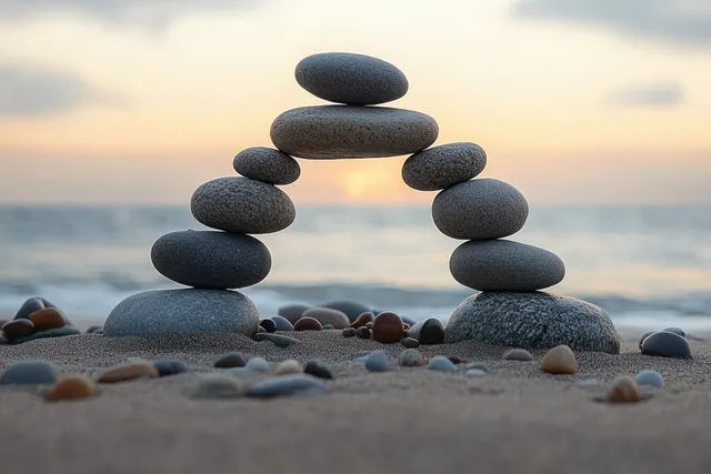 Stacked zen stones form an arch on a sandy beach with warm sunset light and ocean waves in the background.