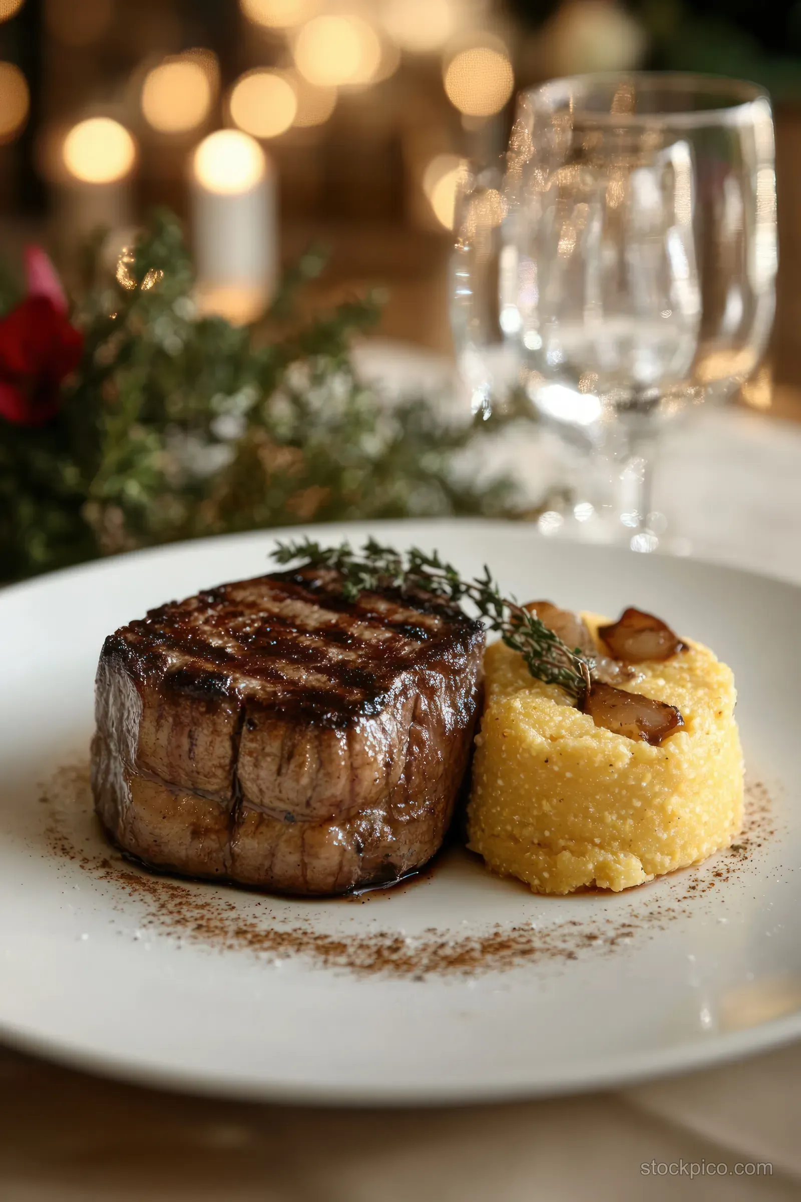 Grilled steak filet with creamy polenta, sautéed mushrooms, and thyme on a white plate beside blurred candlelight.