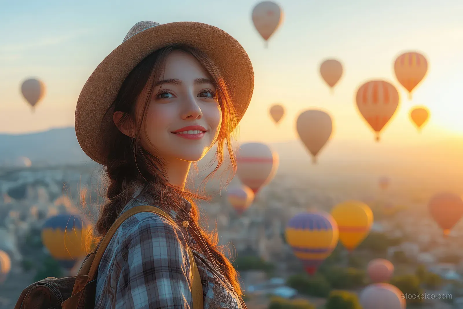 A woman in a hat smiles as colorful hot air balloons rise above Göreme during sunrise.