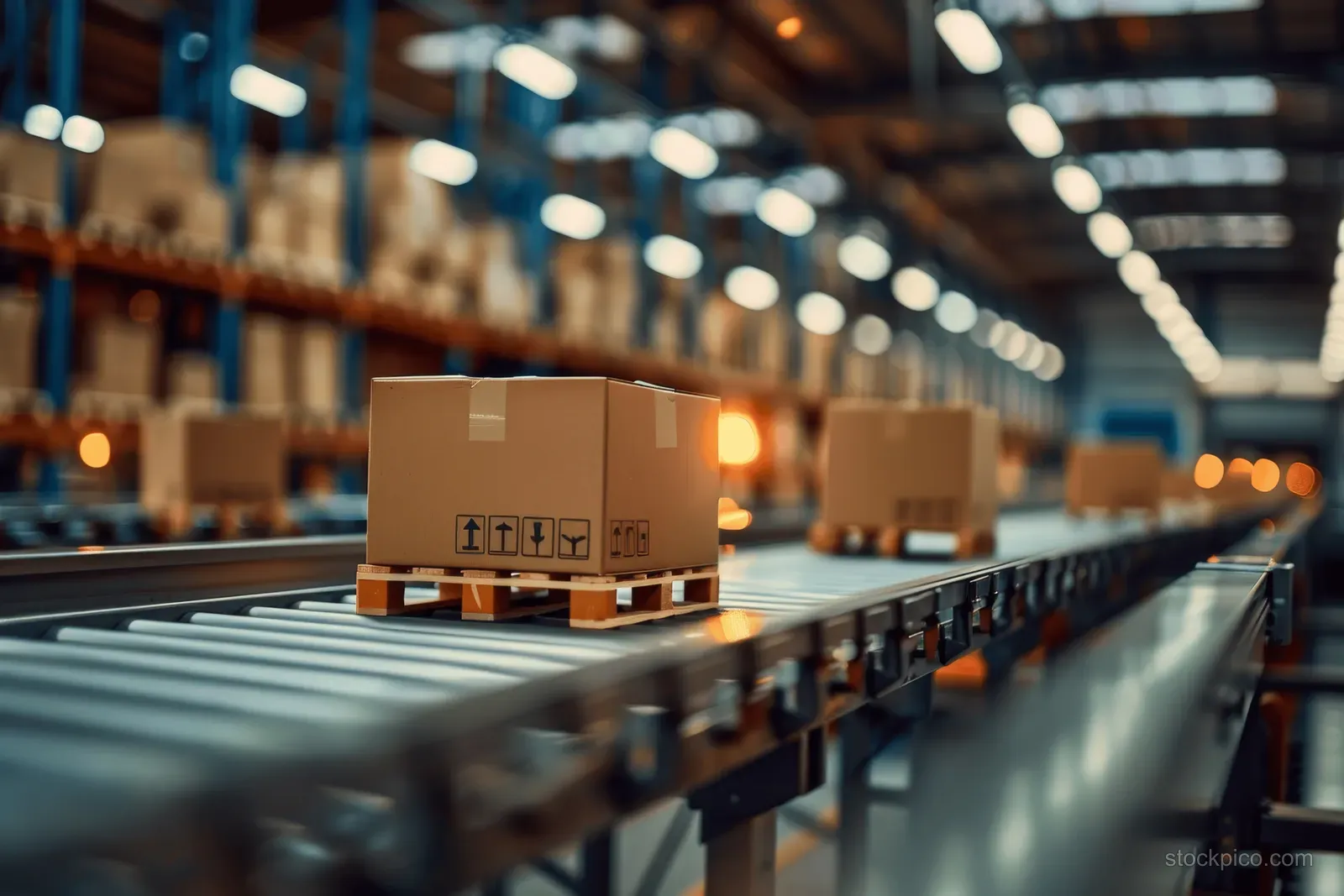 Brown cardboard packages move along a conveyor belt inside a warehouse fulfillment center under bright lights.