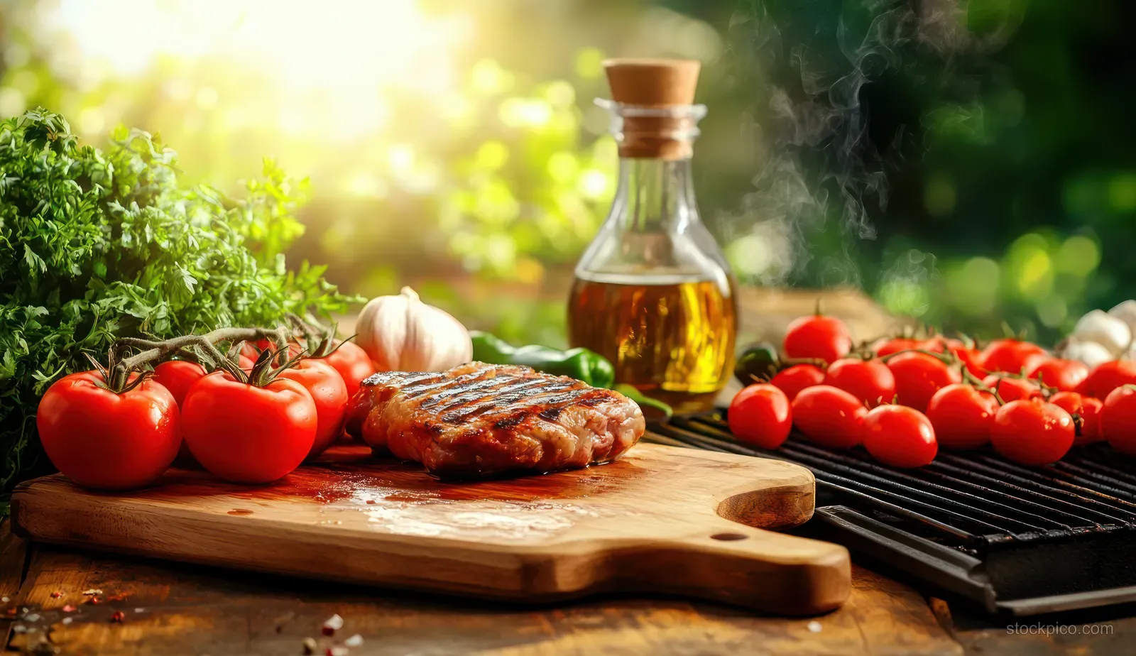 Grilled meat patty on a wooden board with tomatoes, herbs, garlic, and olive oil beside a smoking barbecue grill.