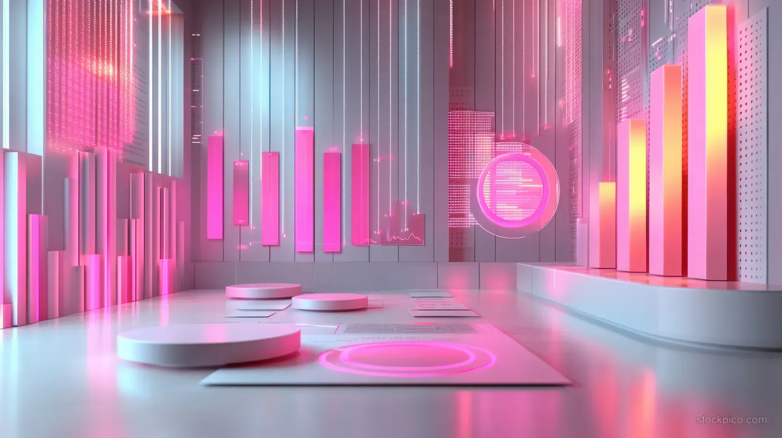 3D clipboard report panel in a neon finance room with glowing bar and line marketing graphs.