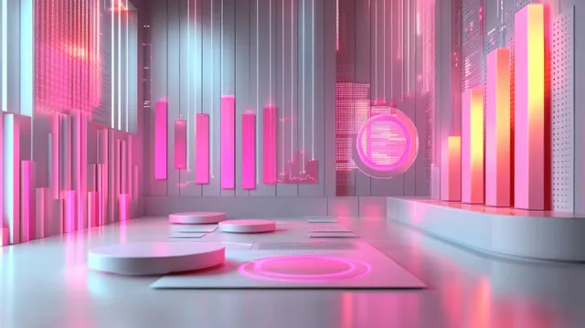 Panel de informe en portapapeles 3D en una sala financiera neón con gráficos de marketing de barras y líneas brillantes.