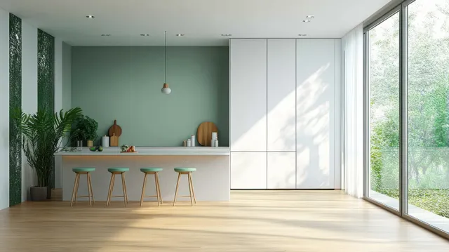Minimalist living room with pastel green accent wall, white kitchen island, three bar stools, and sunlight through large windows.