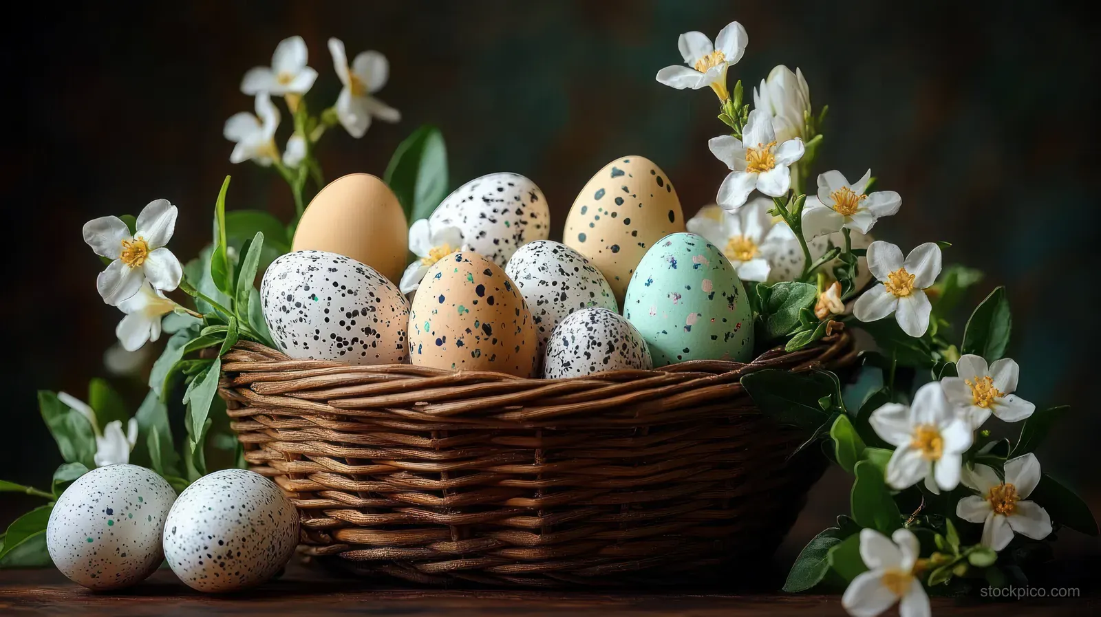 Wicker basket holding speckled eggs with white blossoms and green leaves on a dark background.