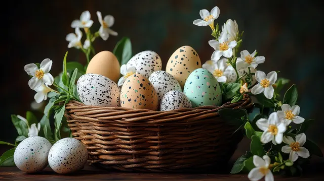 Wicker basket of speckled eggs with white blossoms on a dark moody background