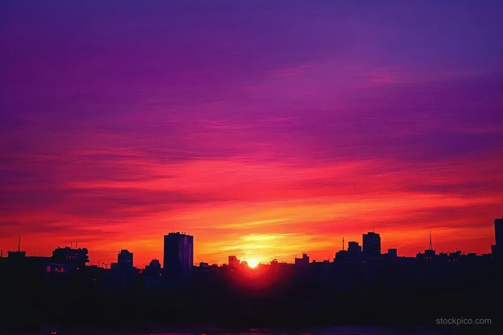 Skyscraper silhouettes appear along the horizon under an orange and purple sunset sky.