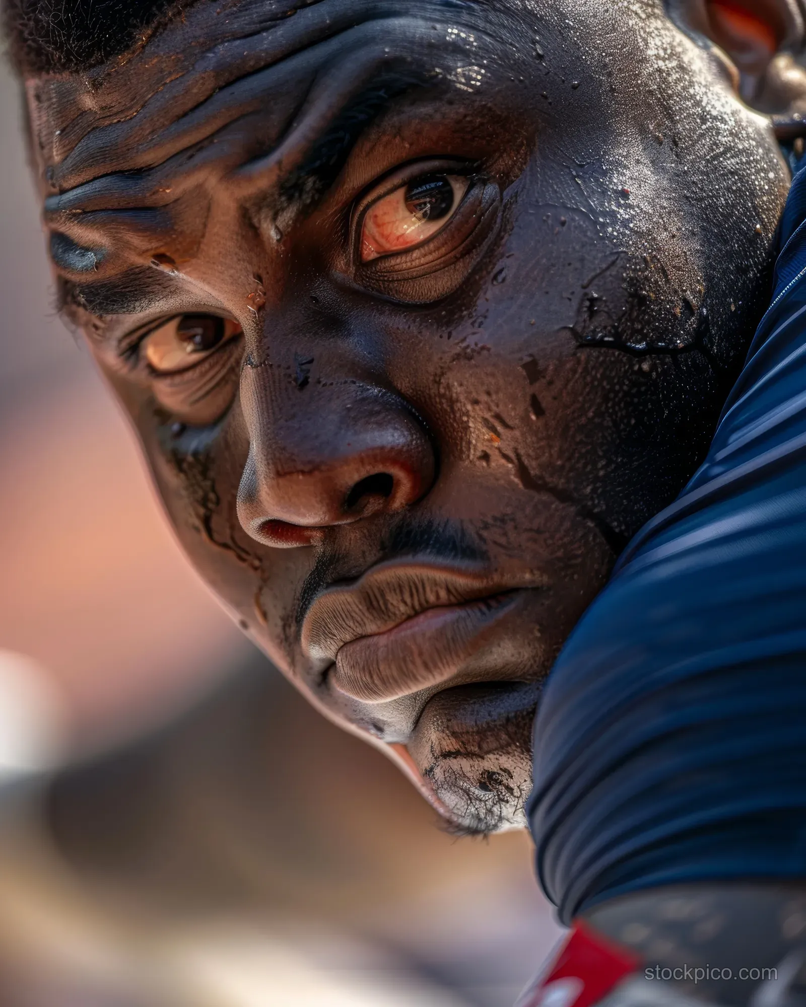 A focused American shot put athlete braces to throw with sweat and a blurred stadium background.