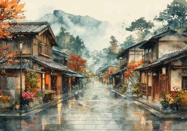 A misty Japanese street lined with wooden houses and tiled roofs, lit by warm lanterns under pale morning light.