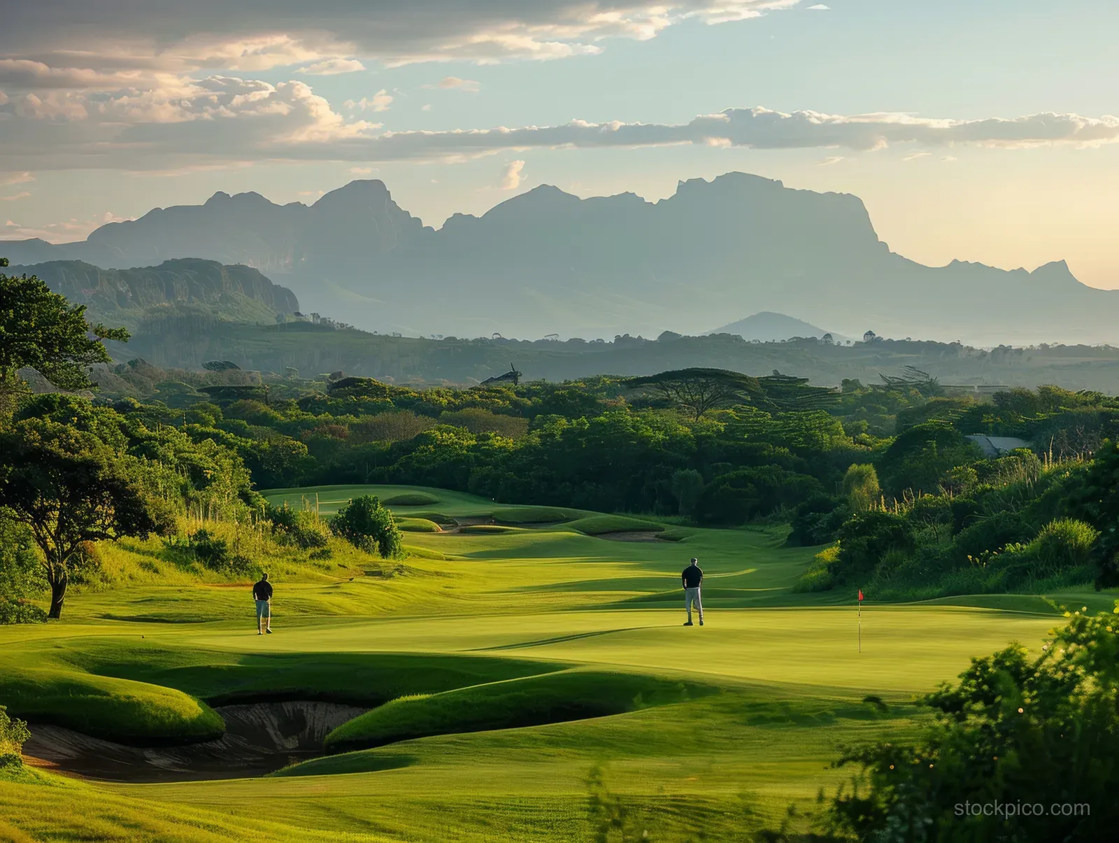 Men golfers stroll along a green fairway on a South African course with mountain ridges at sunset.