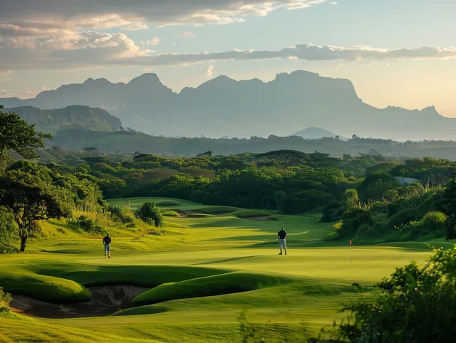 Men golfers stroll along a green fairway on a South African course with mountain ridges at sunset.