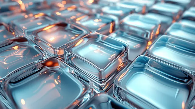 Futuristic blue glass cubes clustered together on a reflective tech surface