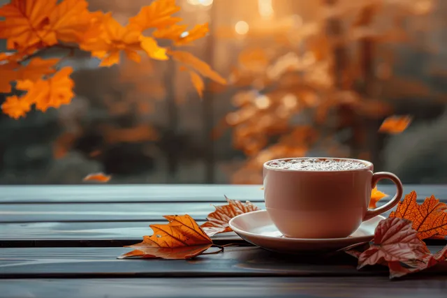 Hot coffee cup on rustic wooden table with orange autumn leaves in sunlit forest