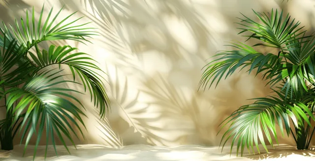 Palm leaf silhouettes cast soft sunlight shadows across a bright white wall.