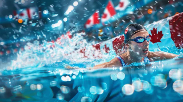 Canadian female swimmer in goggles pushes through the water in a pool during an individual medley race, with splashes and lane lines.