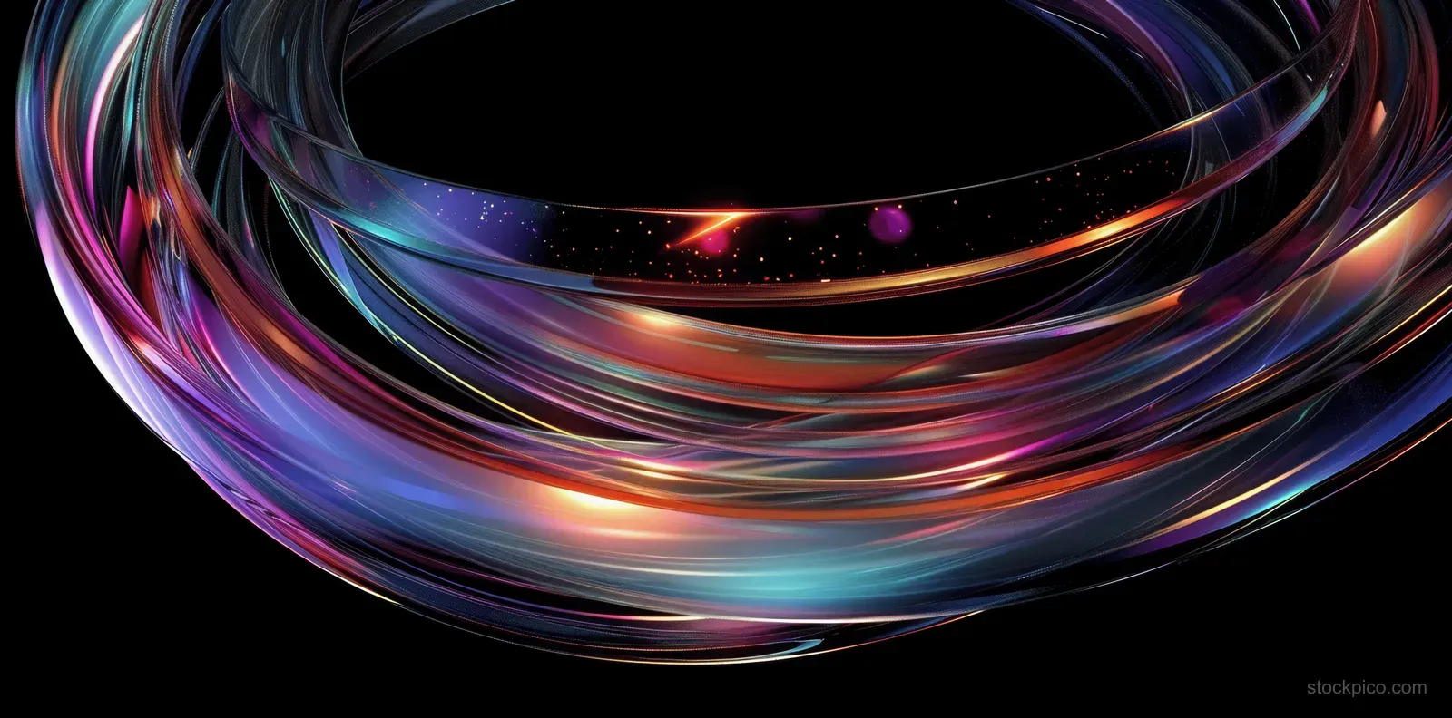 Colorful glass-like spiral ribbons and glowing rings twist across a dark black abstract 3D background.