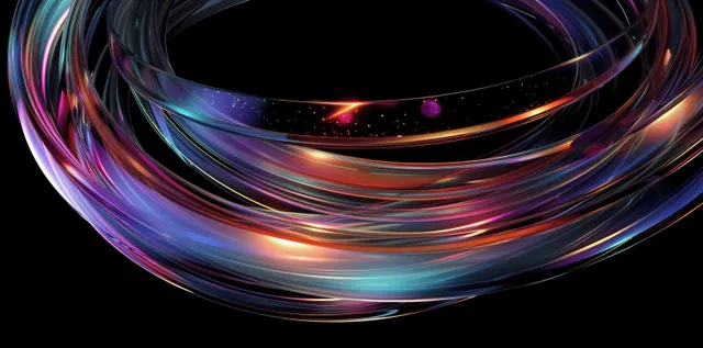 Colorful glass-like spiral ribbons and glowing rings twist across a dark black abstract 3D background.