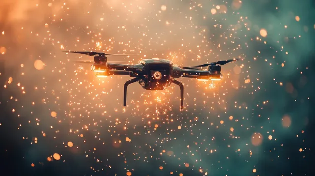 A small black drone hovers in the dark amid glowing golden sparks and out-of-focus bokeh lights.