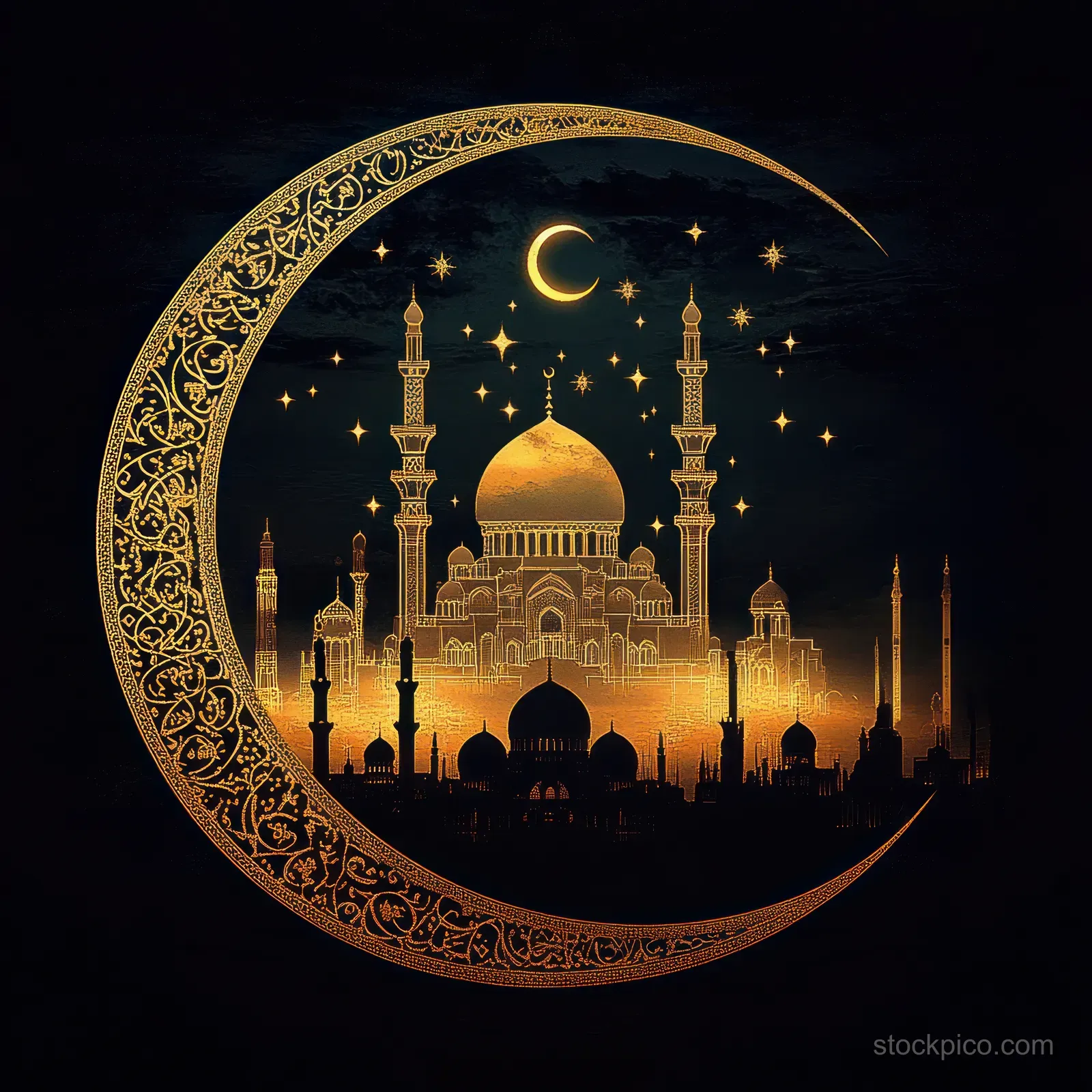 Golden mosque silhouette inside a glowing crescent moon surrounded by stars on a dark night background.