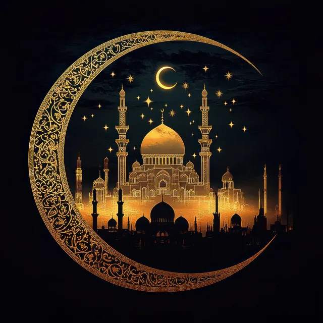 Golden mosque silhouette inside a glowing crescent moon surrounded by stars on a dark night background.