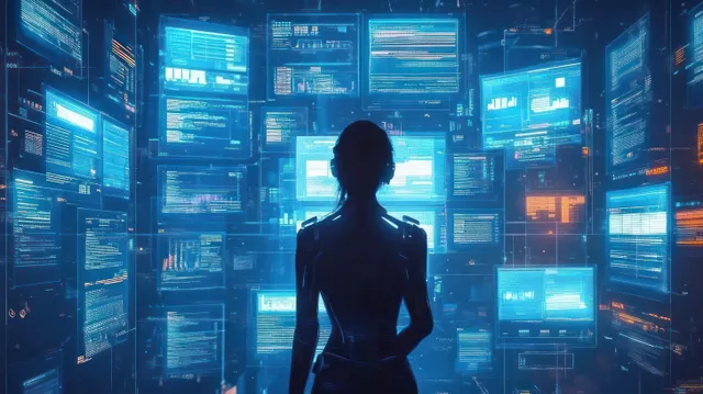 Silhouetted businessman handling floating holographic documents beside neon data screens in a cyberpunk workspace.