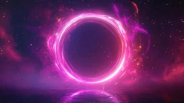 A glowing purple and pink circular energy portal hovers above reflective water under a starry nebula sky.