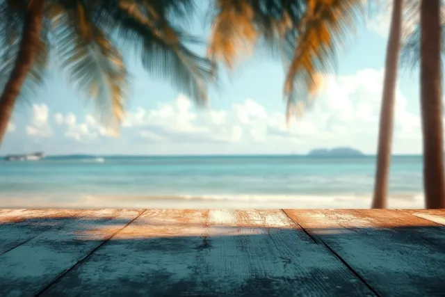 Palm fronds frame a tropical beach view with calm blue water and warm sunlight over a wooden deck.