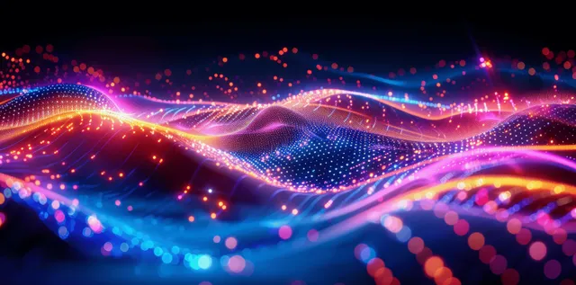 Glowing neon wave stream with floating data dots and blurred night city lights