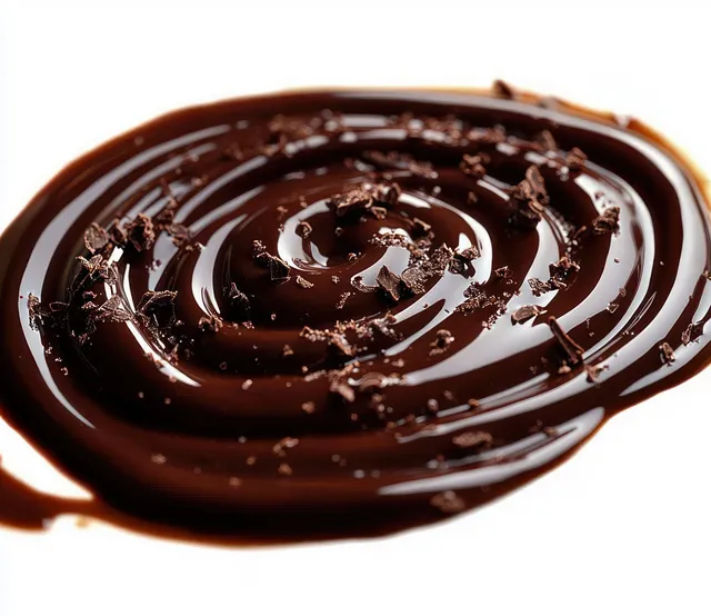 Glossy dark chocolate sauce swirled into a spiral, chocolate shavings on white backdrop