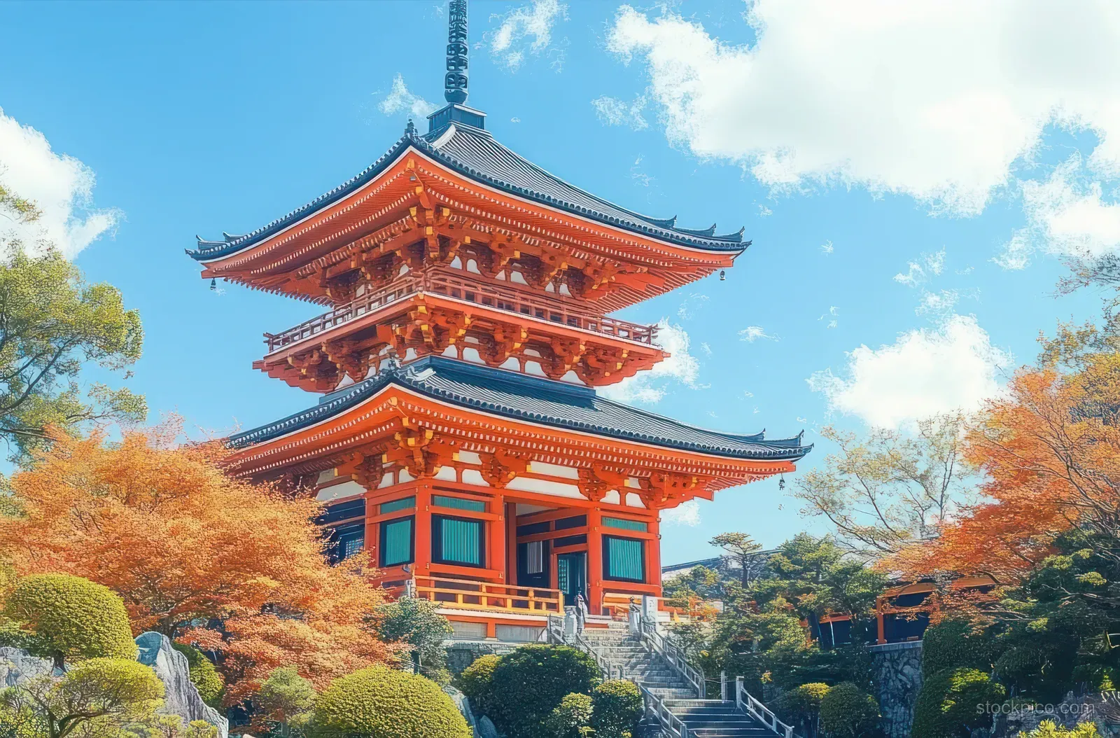 A red multi-tiered Japanese pagoda rises behind stone steps with autumn foliage under a bright blue sky.