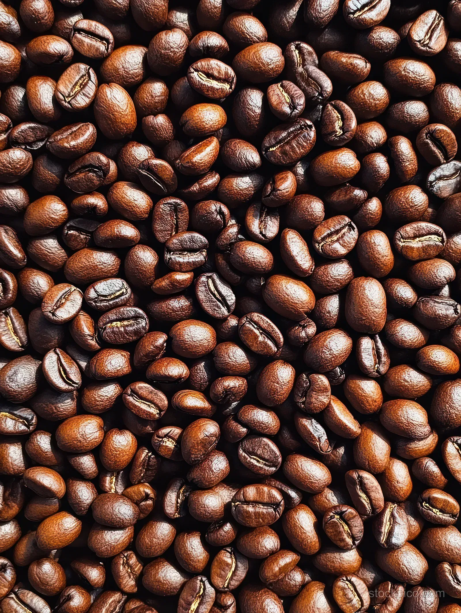 Roasted coffee beans densely packed in a close-up showing glossy dark brown texture.