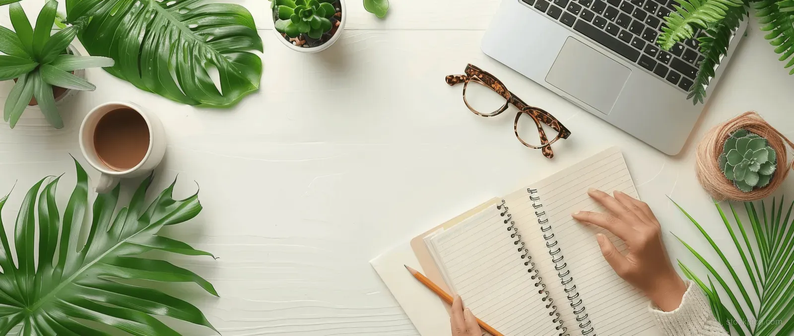 Student’s hands type on a laptop while an open notebook and glasses sit on a white desk with plants.