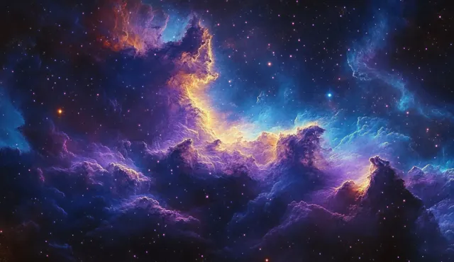 Swirling purple and blue nebula clouds glow with orange starburst highlights in deep space
