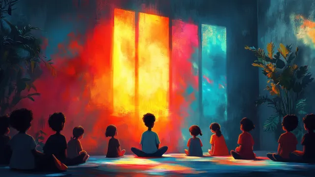 Jesus teaching children in a community gathering, glowing scripture panel behind them