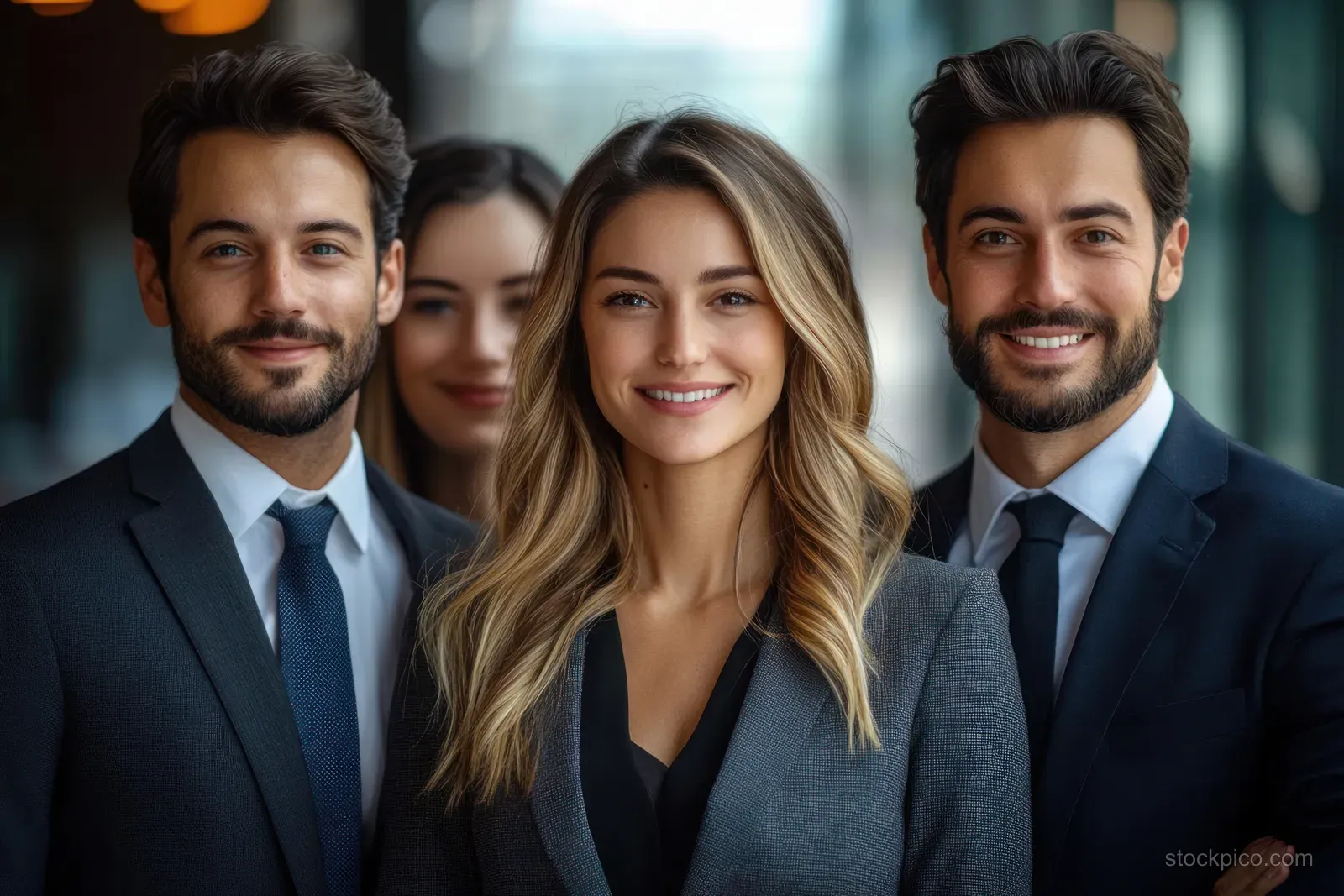 Five business professionals in suits and formal dresses pose outdoors with blurred city lights behind them.