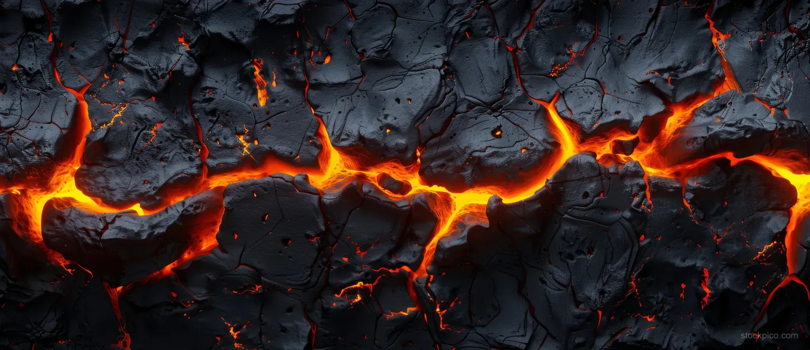 Molten orange lava glows inside cracked black rock fissures with floating embers and smoky darkness.