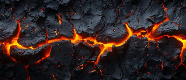 Lava naranja fundida brilla dentro de las fisuras de roca negra agrietada con brasas flotantes y oscuridad humeante.