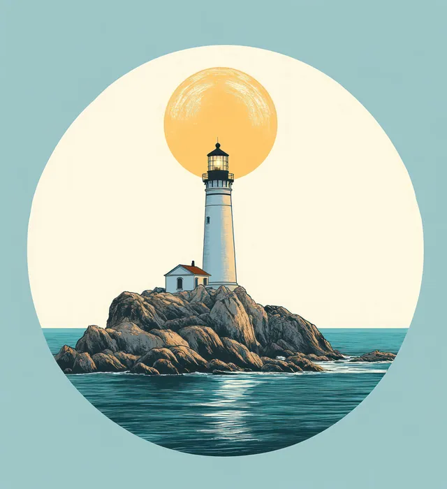 A white lighthouse on a rocky island surrounded by calm ocean water under a glowing orange sun.