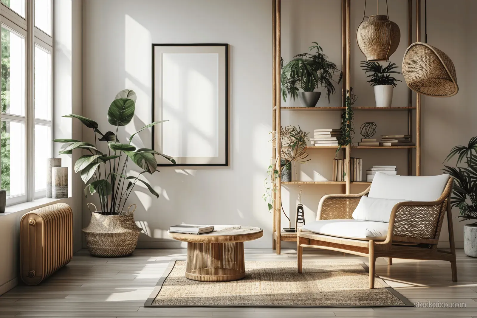Bright Scandinavian living room showing a wooden shelf, armchair, coffee table, and a blank framed poster.