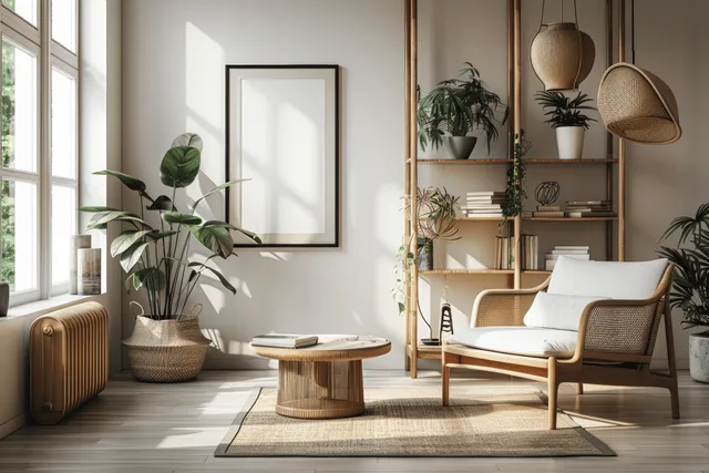 Bright Scandinavian living room showing a wooden shelf, armchair, coffee table, and a blank framed poster.