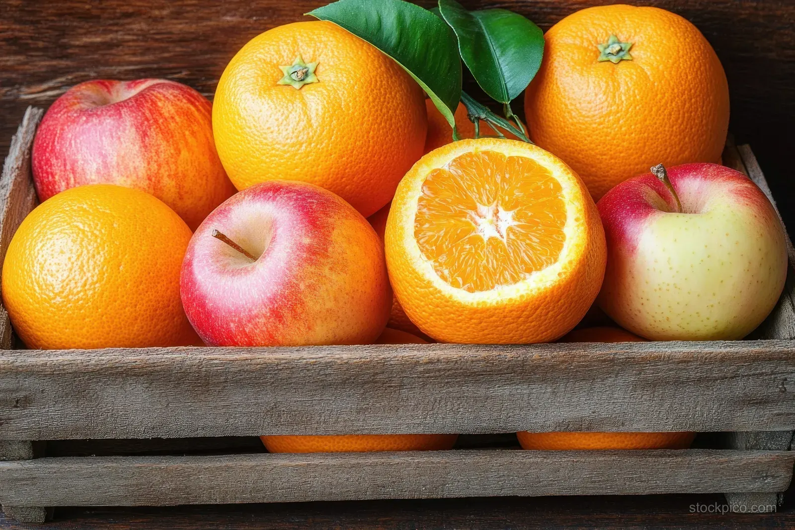 Citrus oranges, mandarins, and apples fill a weathered wooden crate under warm natural light.
