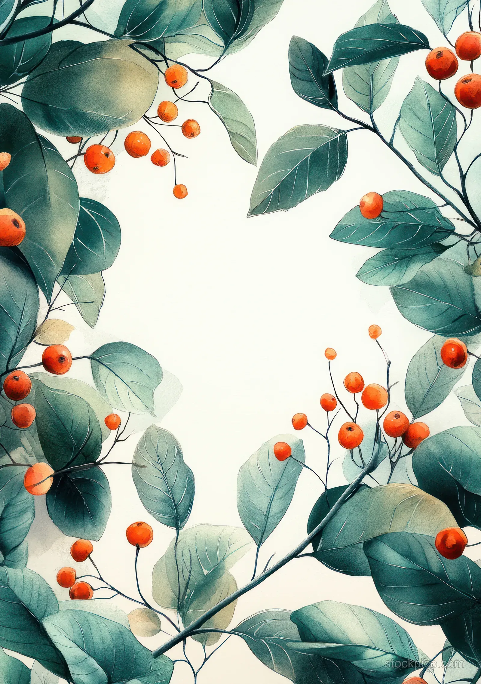 Watercolor eucalyptus leaves and red berry clusters form a frame around a pale empty center.