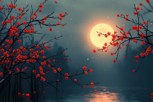 Red sakura blossoms frame a glowing full moon over a misty nighttime river.