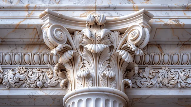 Close-up of a white marble Greek-style column capital with ornate scroll carvings on a stone facade.
